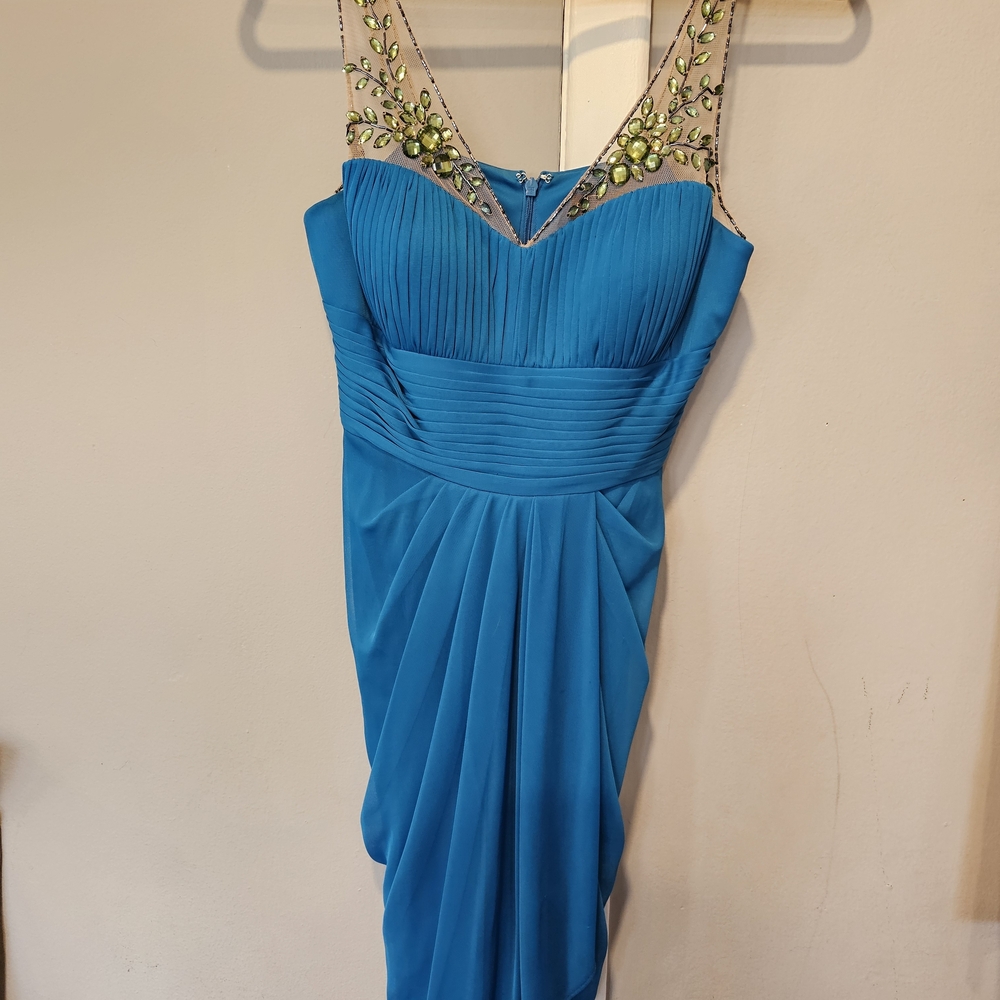Adrianna Papell Turquoise Blue Beaded Illusion Midi Dress